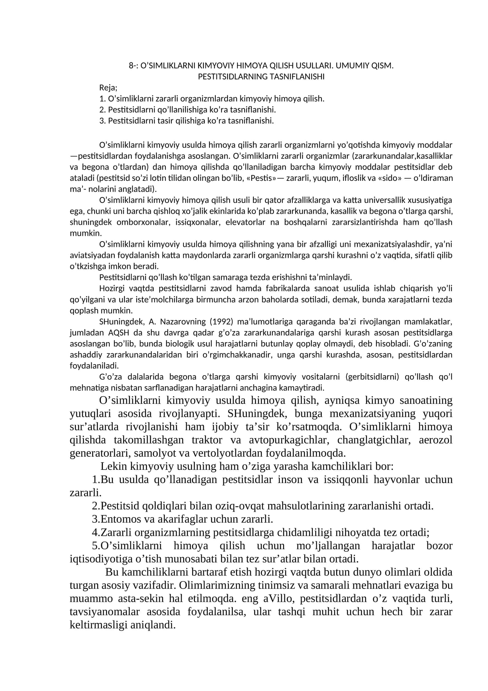 O’SIMLIKLARNI KIMYOVIY HIMOYA QILISH USULLARI. UMUMIY QISM 1