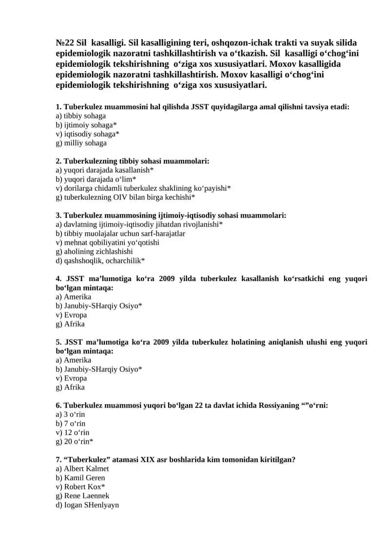 №22 Sil kasalligi. Sil kasalligining teri, oshqozon-ichak trakti va suyak silida epidemiologik nazoratni tashkillashtirish va o‘tkazish 1