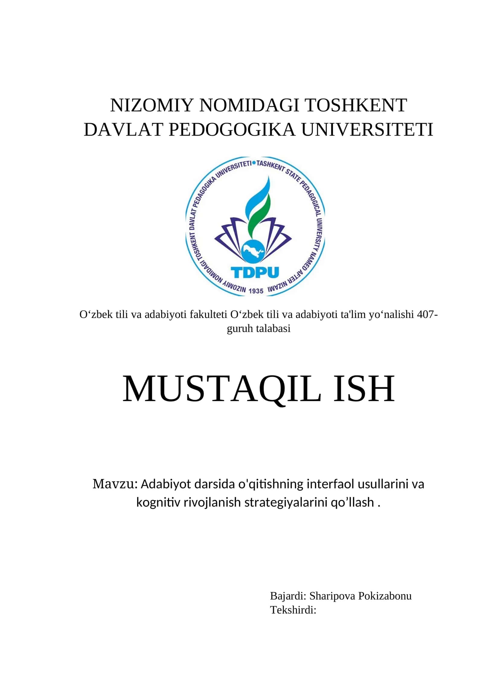 Adabiyot darsida o'qitishning interfaol usullarini va kognitiv rivojlanish strategiyalarini qo’llash 1