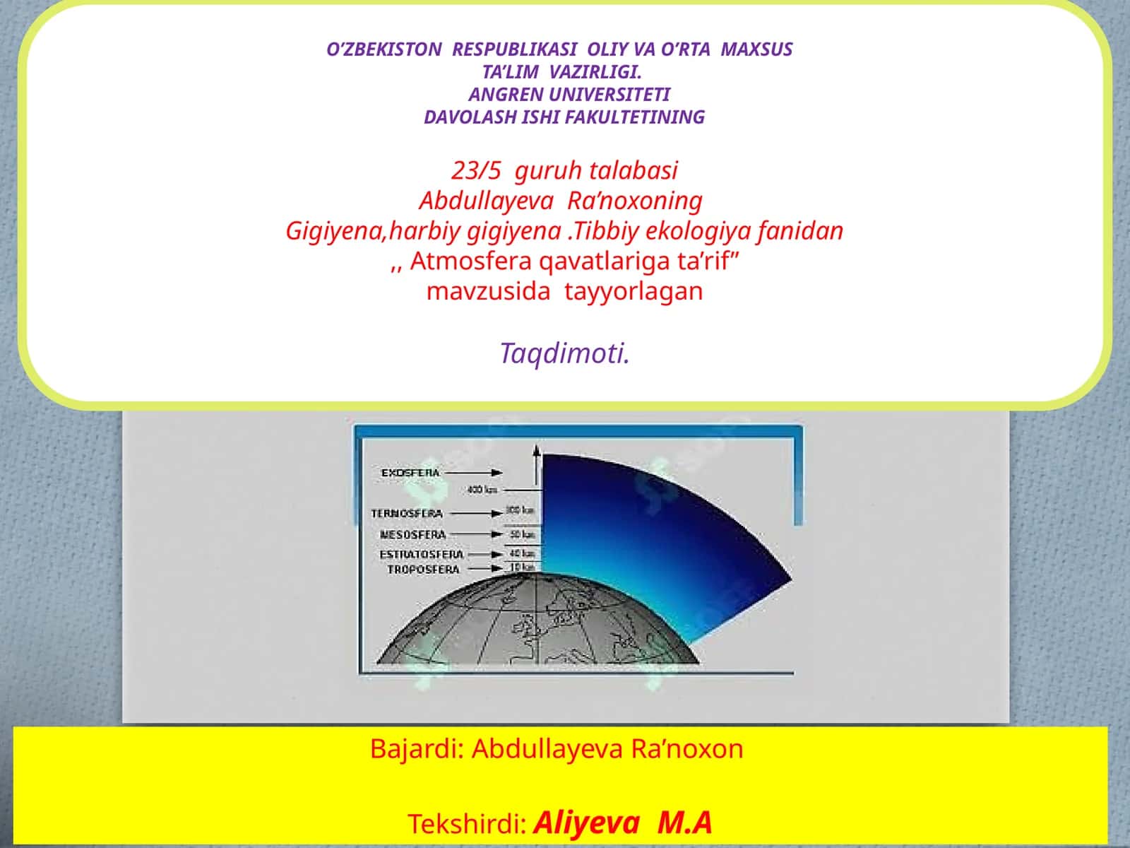 Gigiyena, harbiy gigiyena, Tibbiy ekologiya fanidagi "Atmosfera qavatlariga ta'rif" 1