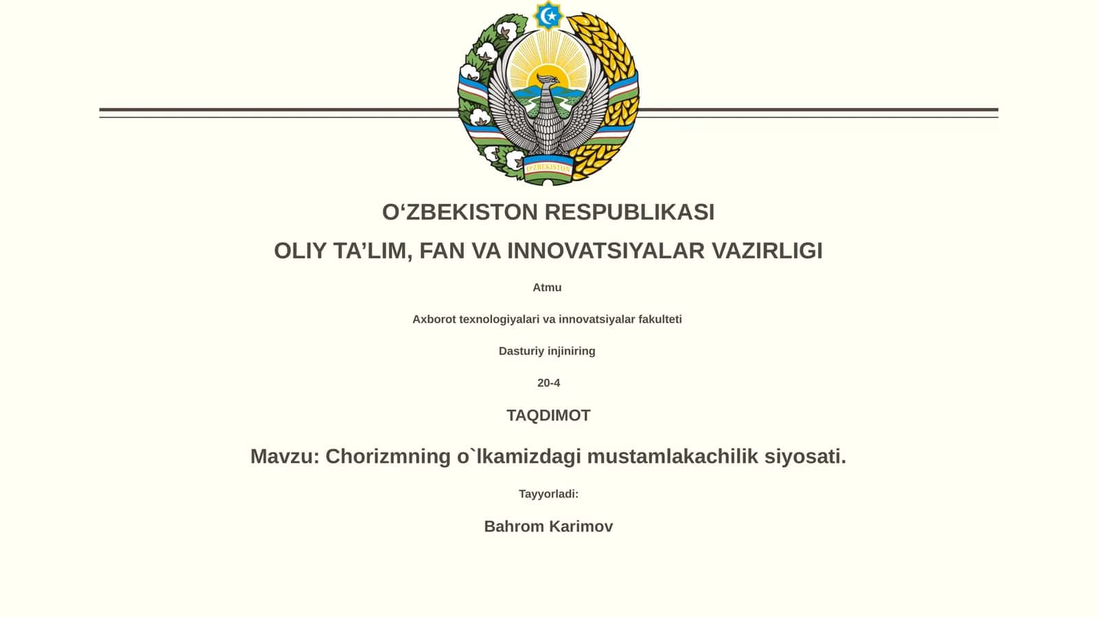 Chorizmning o`lkamizdagi mustamlakachilik siyosati 1