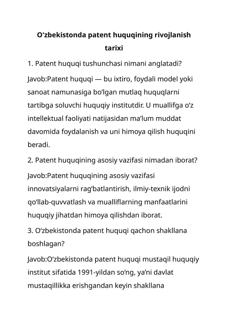 O'zbekistonda Patent huquqining rivojlanish tarixi 1