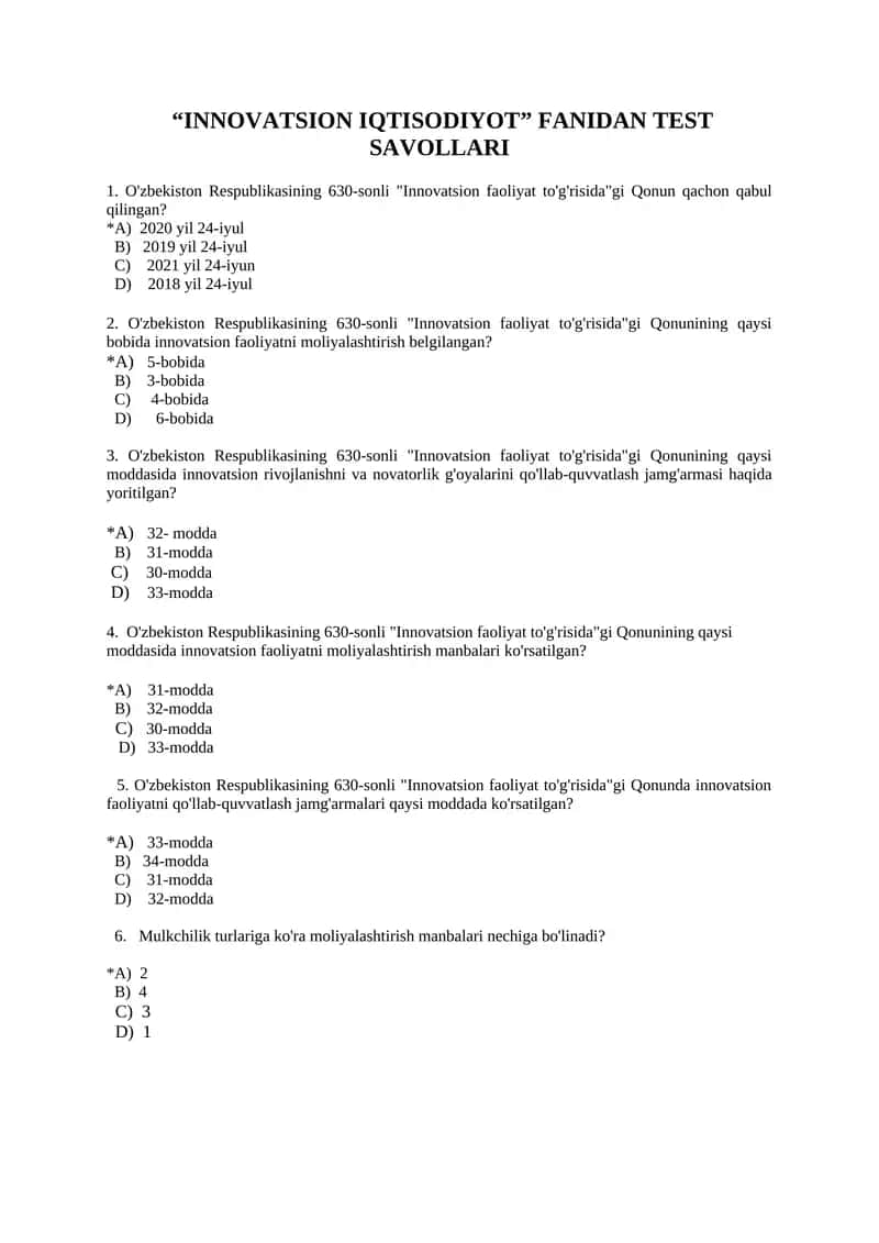 "INNOVATSION IQTISODIYOT" FANIDAN TEST SAVOLLARI 1