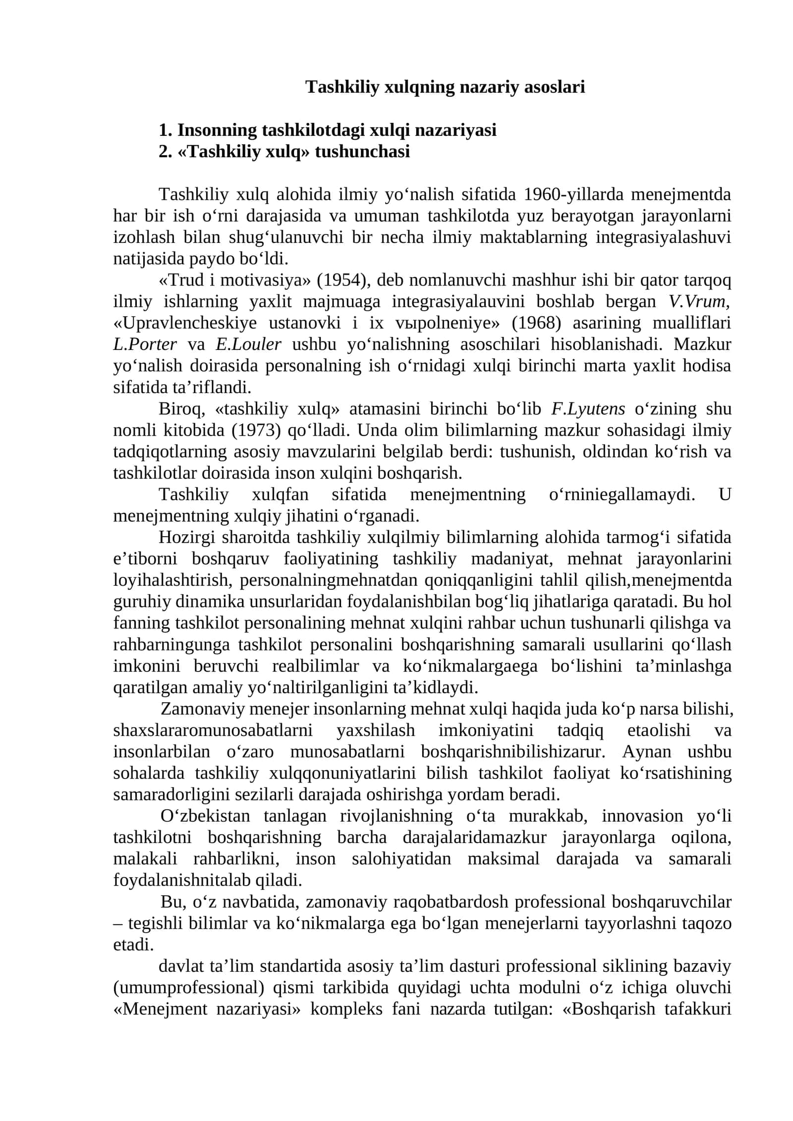 Tashkiliy xulqning nazariy asoslari 1