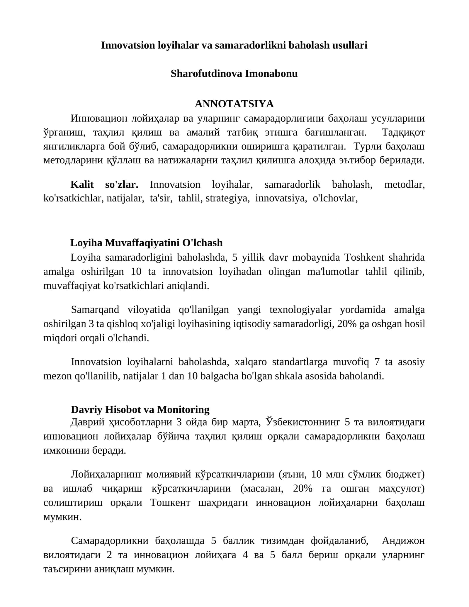 Innovatsion loyihalar va samaradorlikni baholash usullari 1