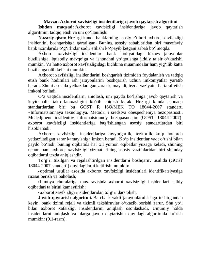 Axborot xavfsizligi insidentlariga javob qaytarish algoritmi 1
