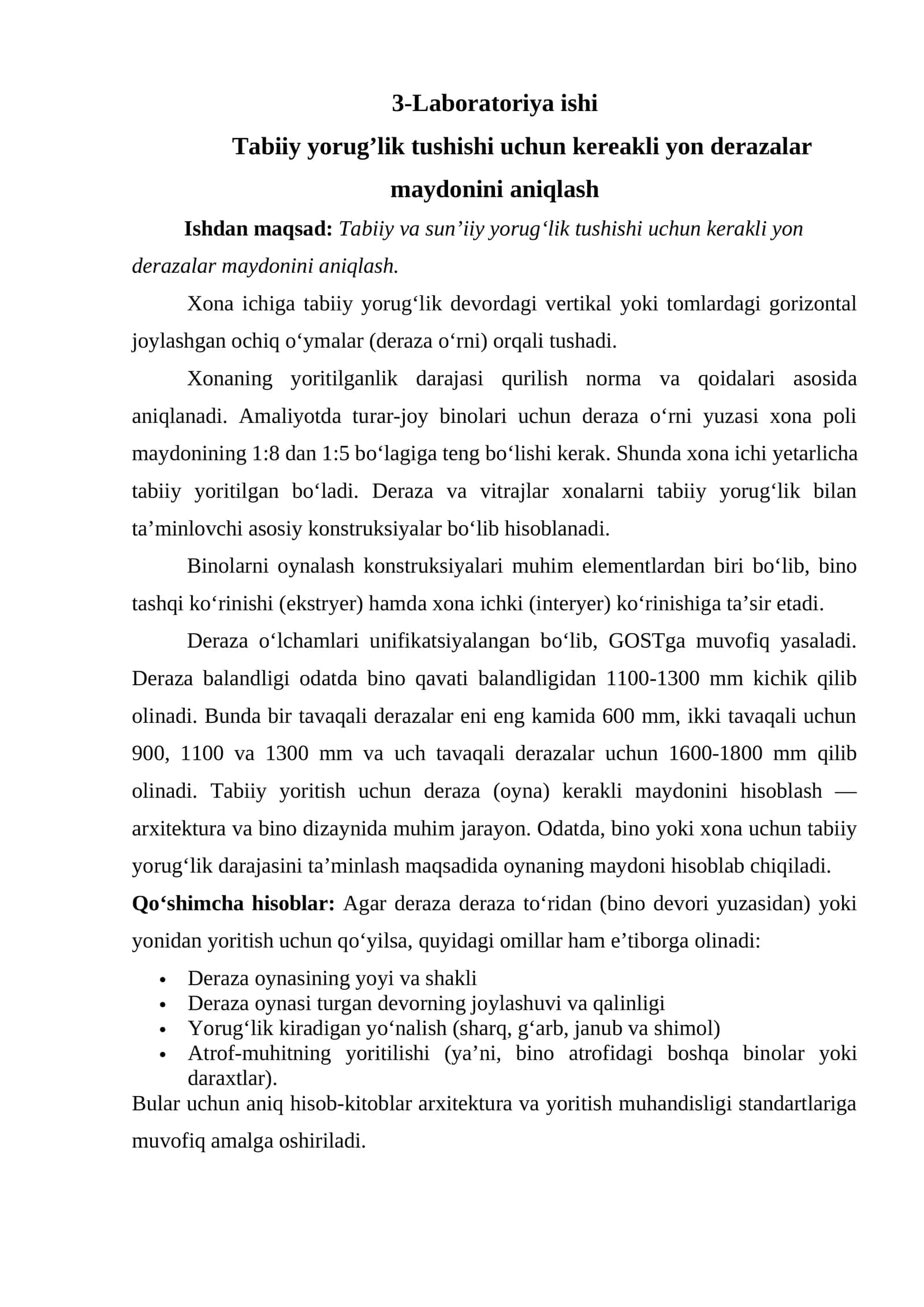 Tabiiy yorug’lik tushishi uchun kereakli yon derazalar maydonini aniqlash 1