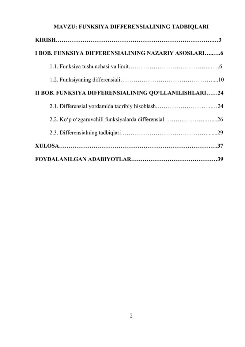 Funksiya differensiali va uning qo`llanilishi 1
