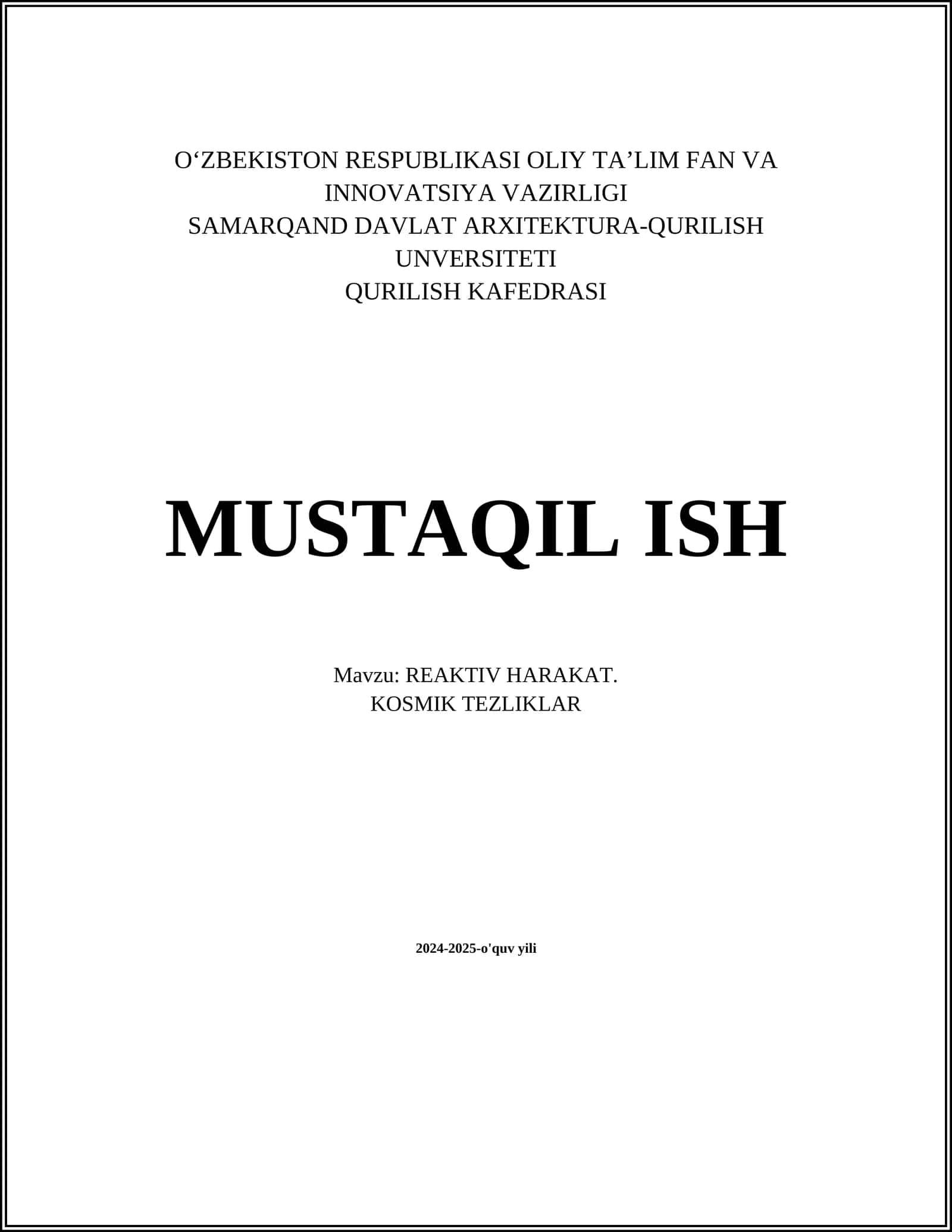 REAKTIV HARAKAT. KOSMIK TEZLIKLAR 1