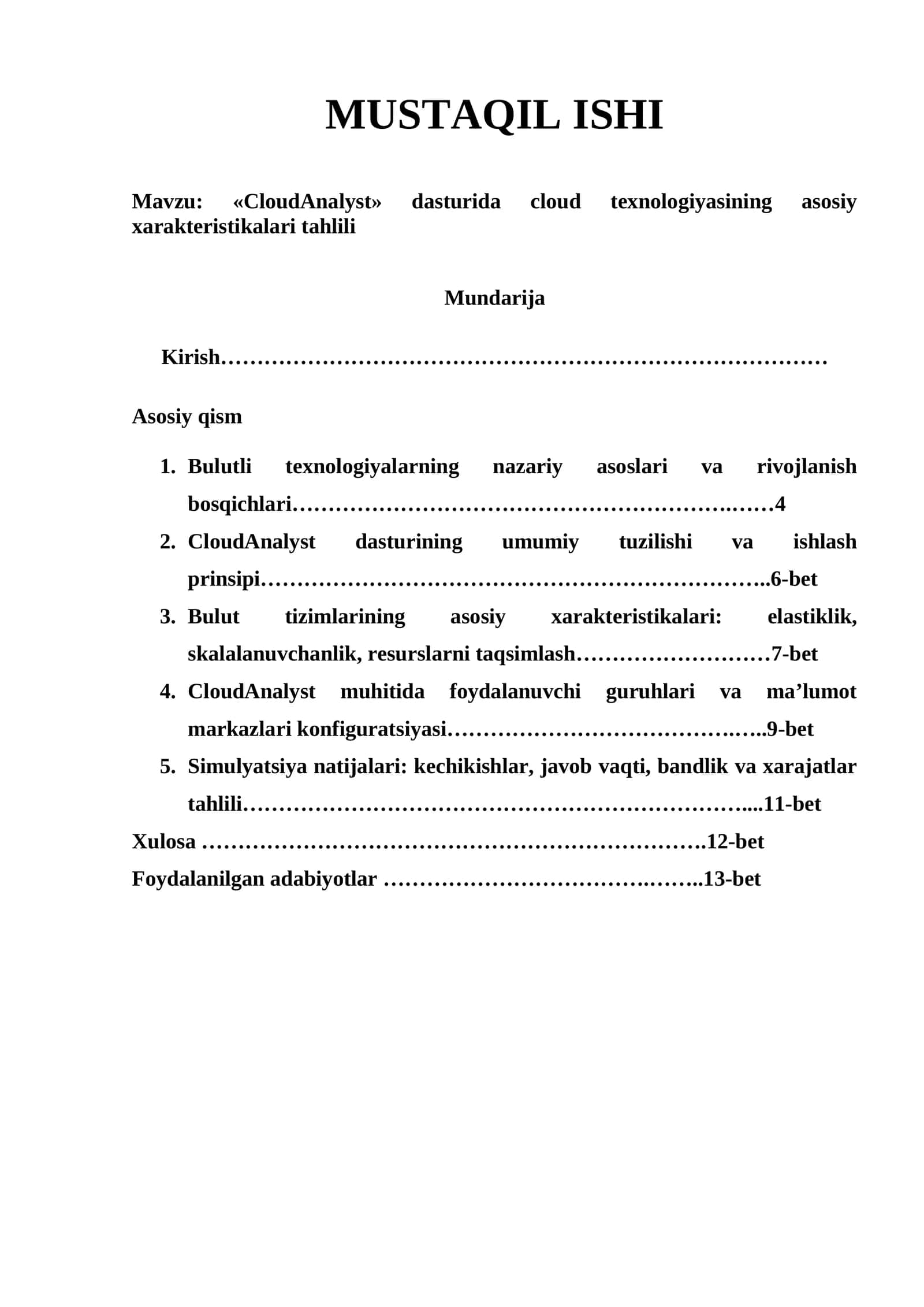 «CloudAnalyst» dasturida cloud texnologiyasining asosiy xarakteristikalari tahlili 1