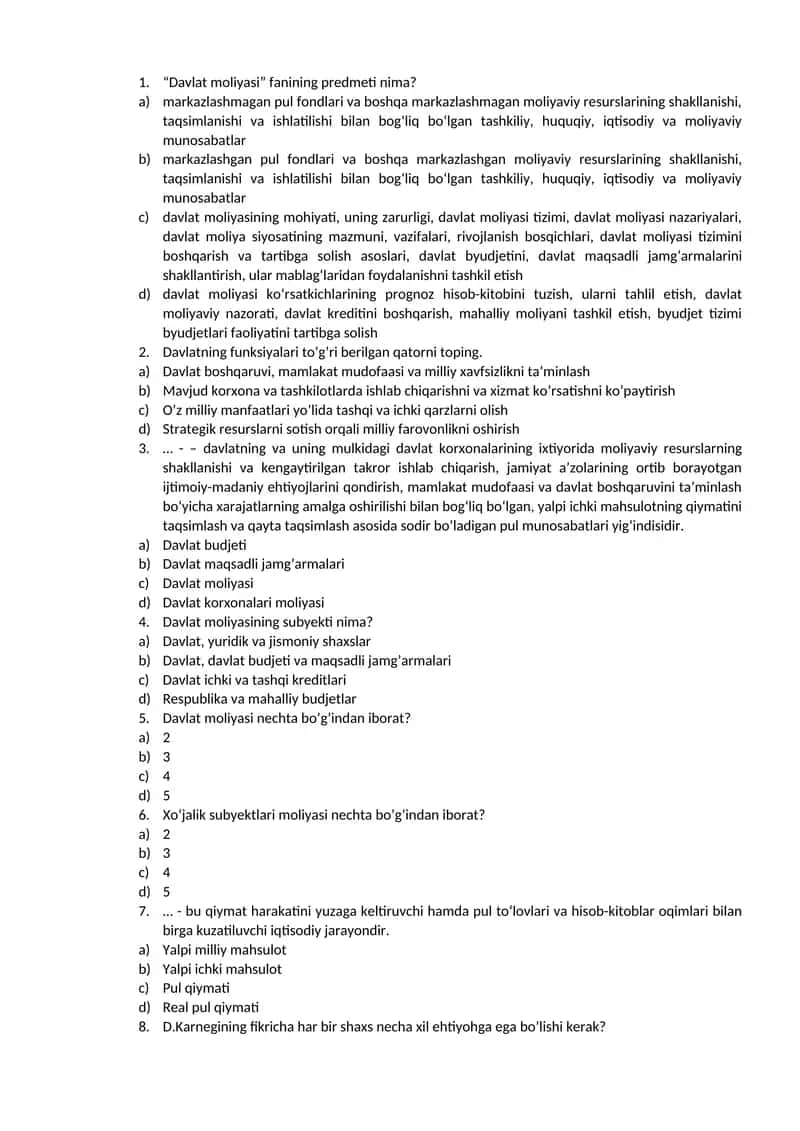 Test davlat moliyasi 100 ta 1