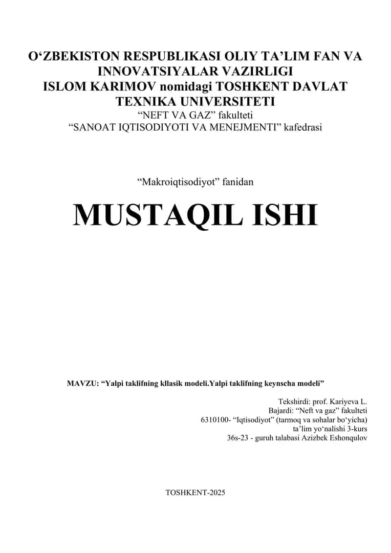 Yalpi Taklifning Klassik Modeli va Keynscha Modeli 1
