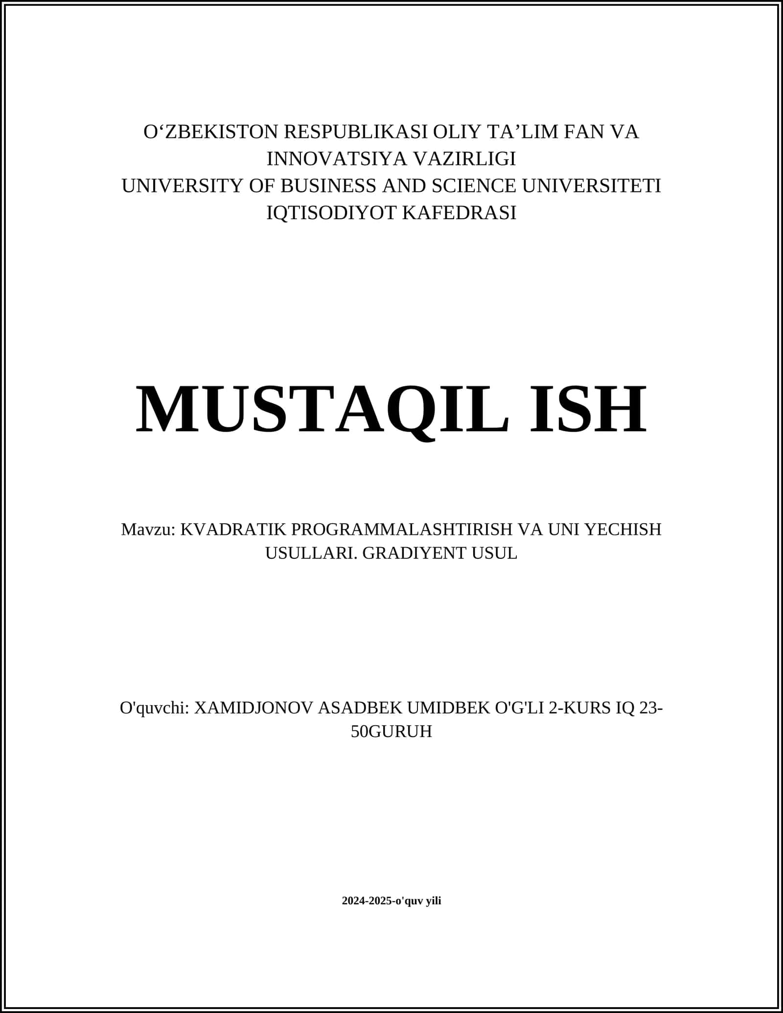 KVADRATIK PROGRAMMALASHTIRISH VA UNI YECHISH USULLARI 1
