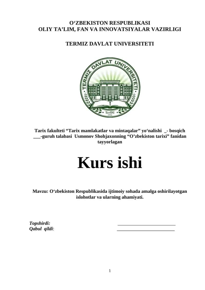 O‘zbekiston Respublikasida ijtimoiy sohada amalga oshirilayotgan islohotlar va ularning ahamiyati. 1