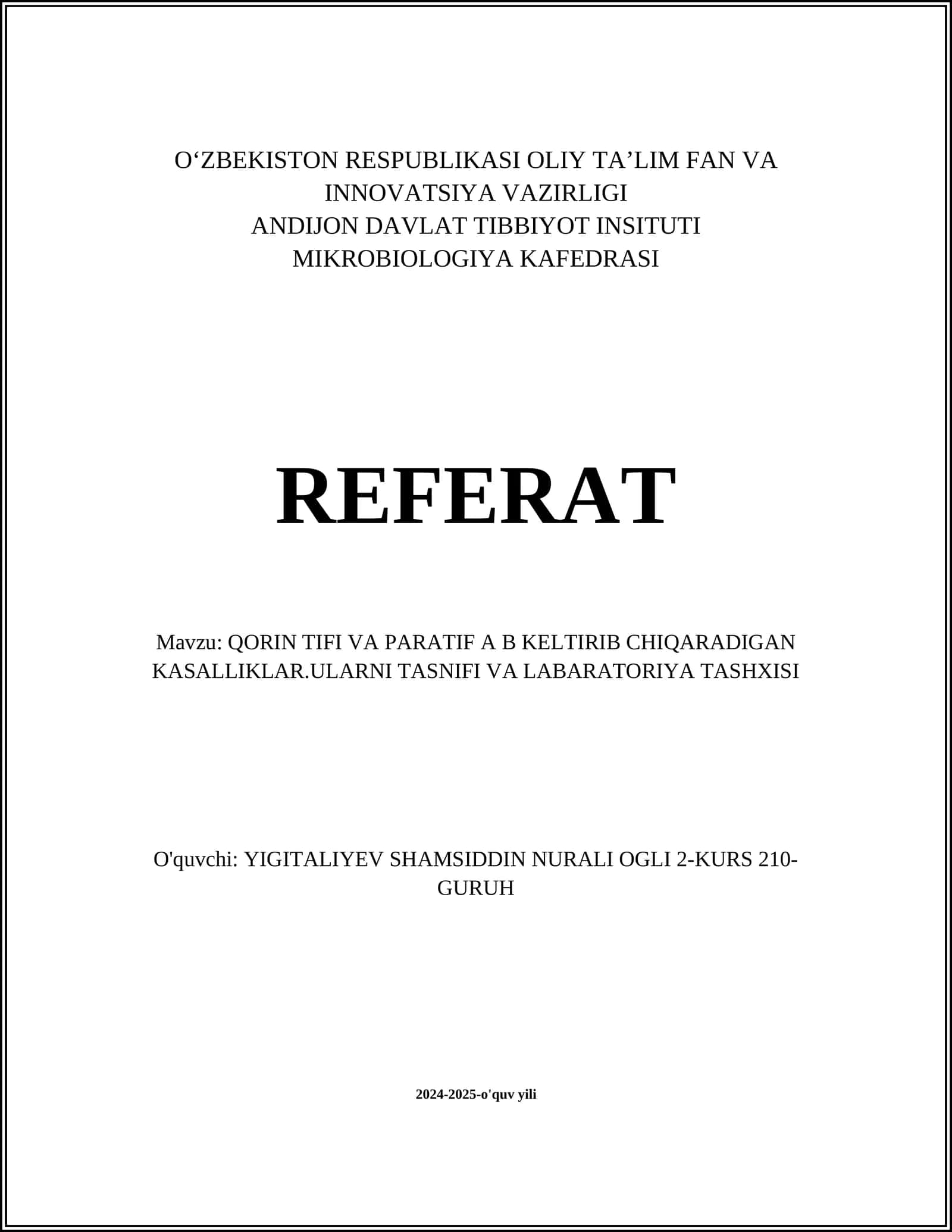 Qorin Tifi va Paratif A B Keltirib Chiqaradigan Kasalliklar. Ularni Tasnifi va Laboratoriya Tashxisi 1