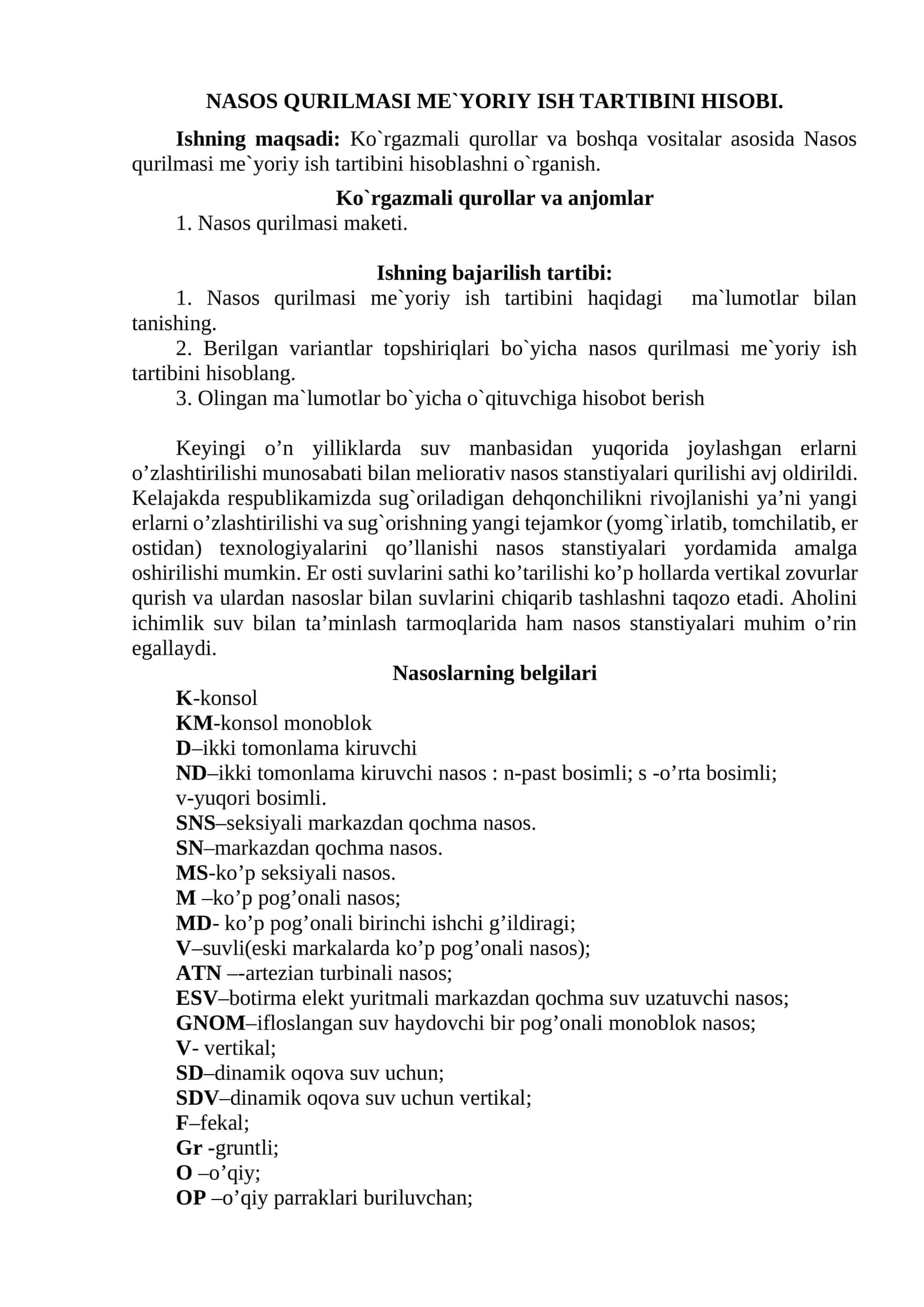 Nasos qurilmasi me`yoriy ish tartibini hisobi 1