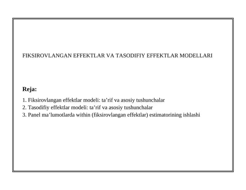 Fiksirovlangan Effektlar va Tasodifiy Effektlar Modellari 1