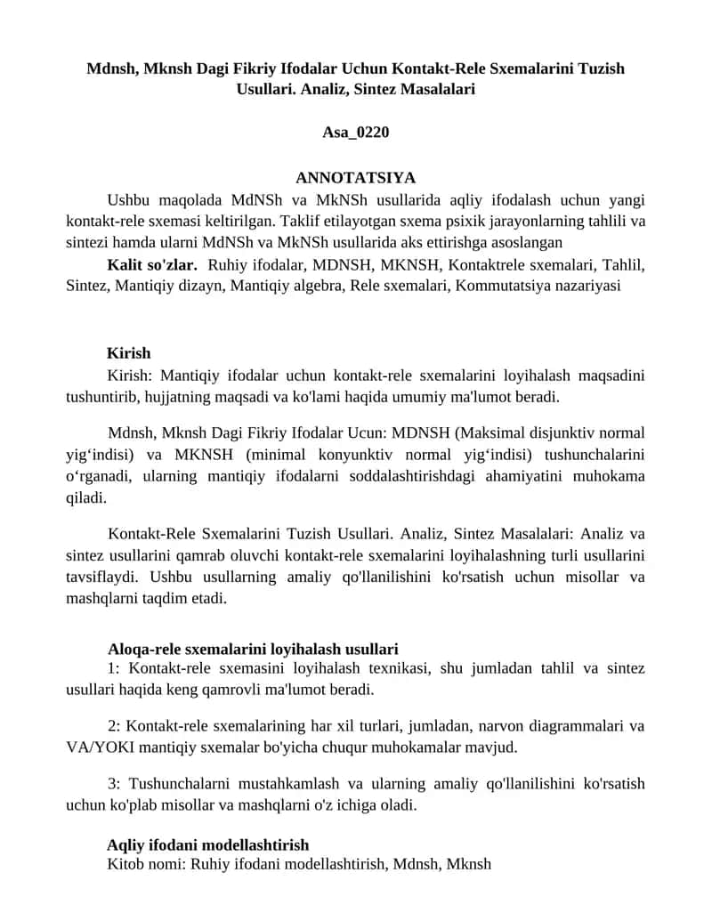 Mdnsh, Mknsh Dagi Fikriy Ifodalar Uchun Kontakt-Rele Sxemalarini Tuzish Usullari. Analiz, Sintez Masalalari 1