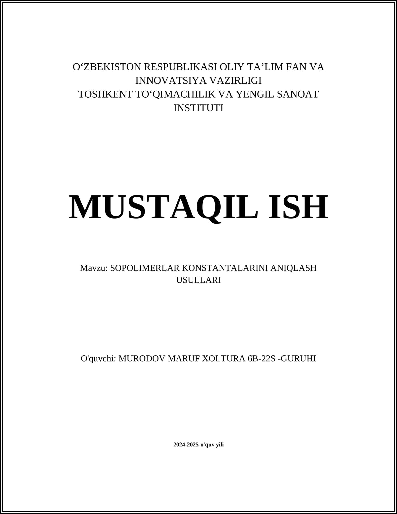 SOPOLIMERLAR KONSTANTALARINI ANIQLASH USULLARI 1