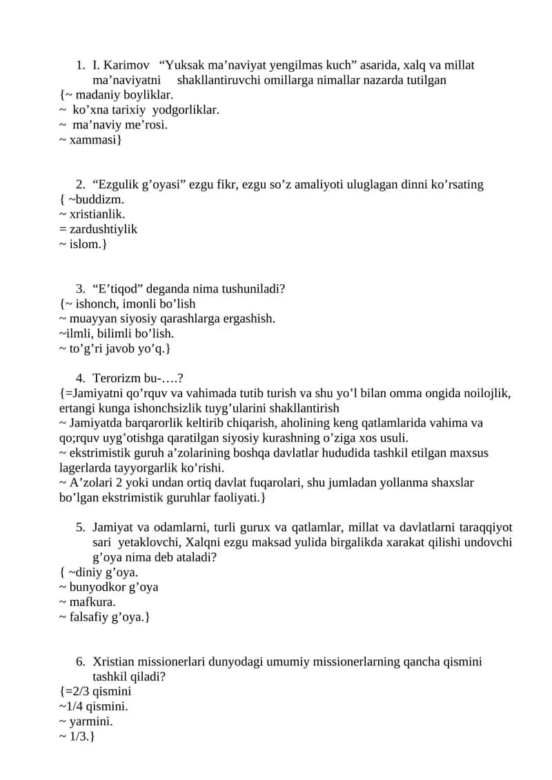 milliy istiqlol g'oyasi testlar 1