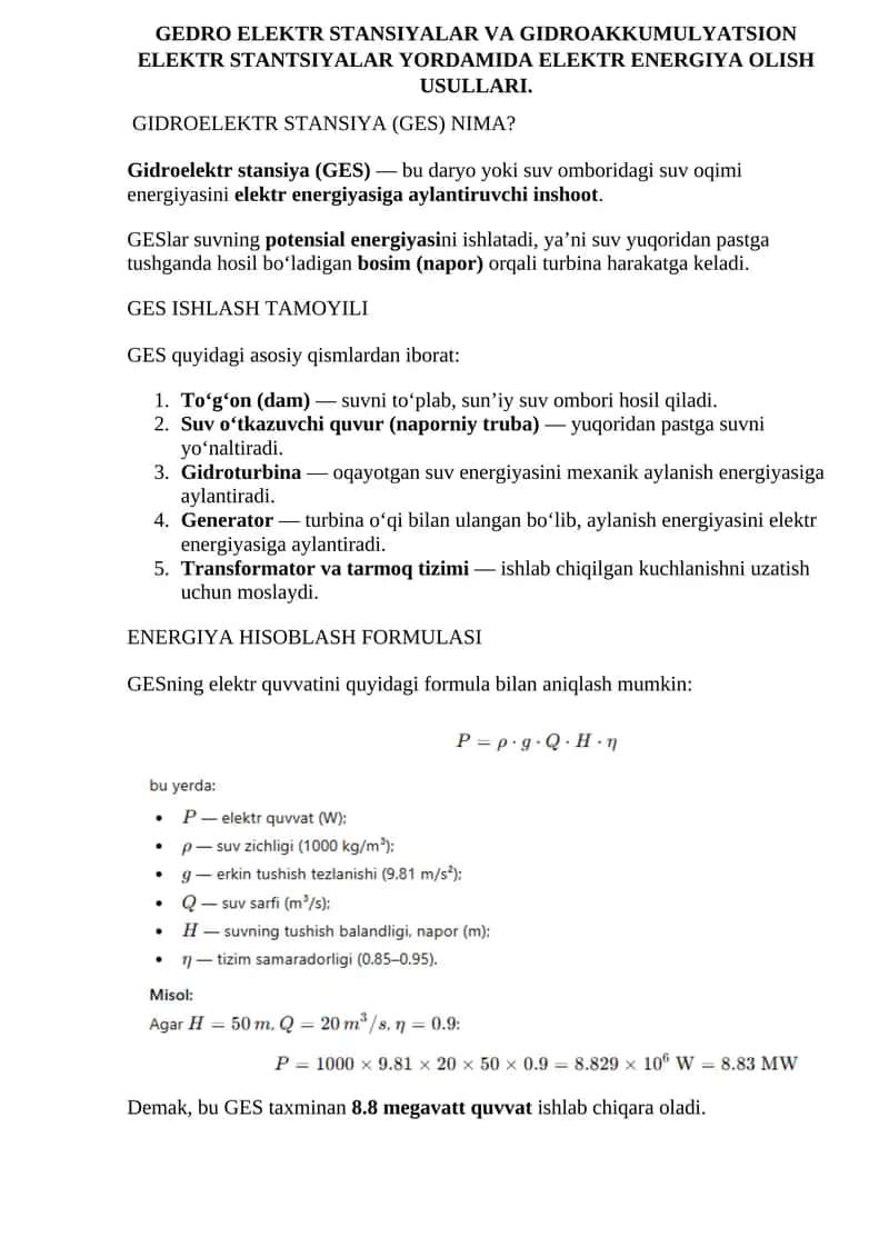 Gidroelektr stansiya (GES) 1