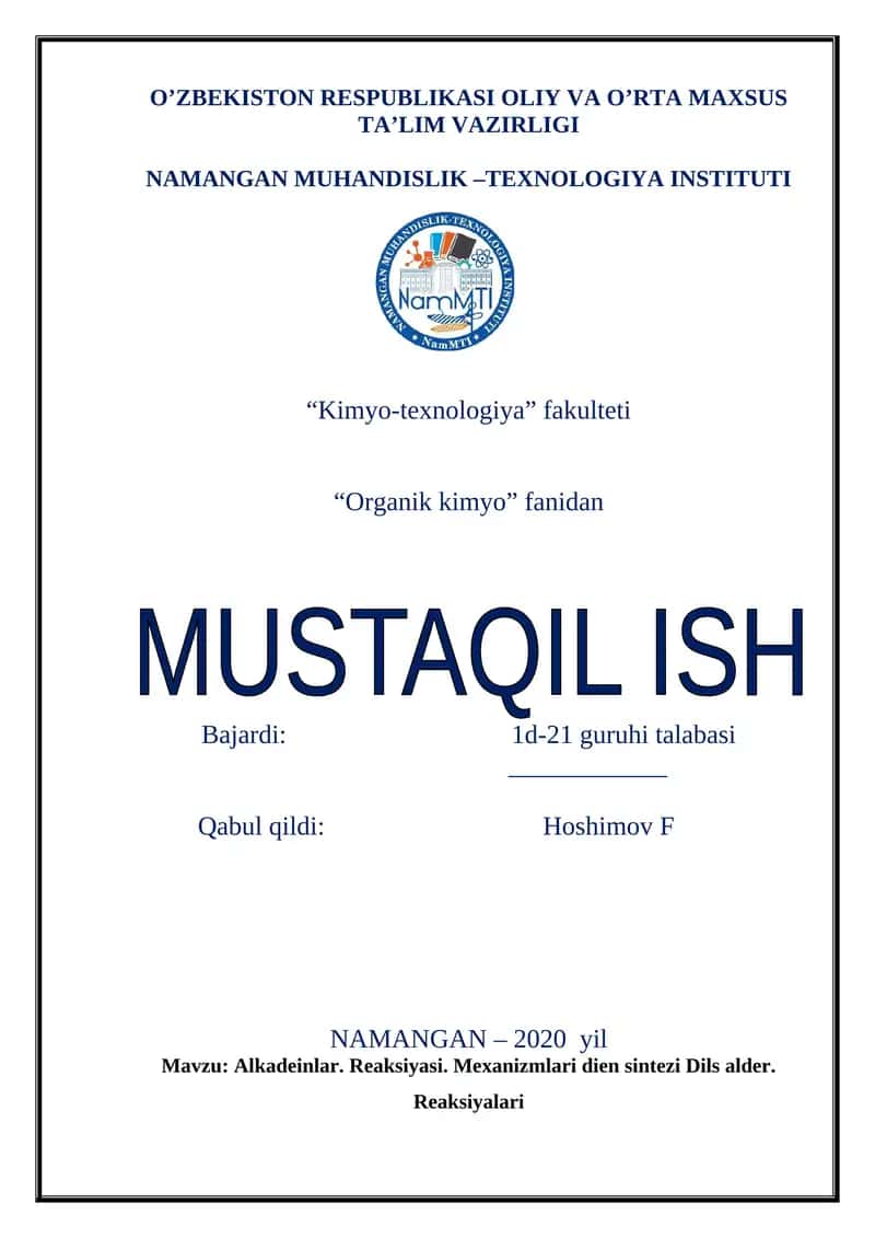 Alkadeinlar. Reaksiyasi. Mexanizmlari dien sintezi Dils alder. Reaksiyalari 1