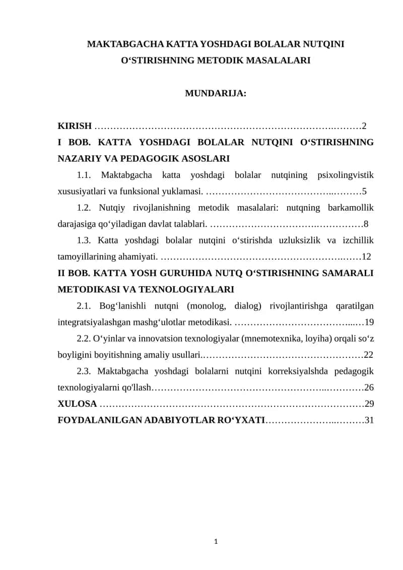 MAKTABGACHA KATTA YOSHDAGI BOLALAR NUTQINI O‘STIRISHNING METODIK MASALALARI 1