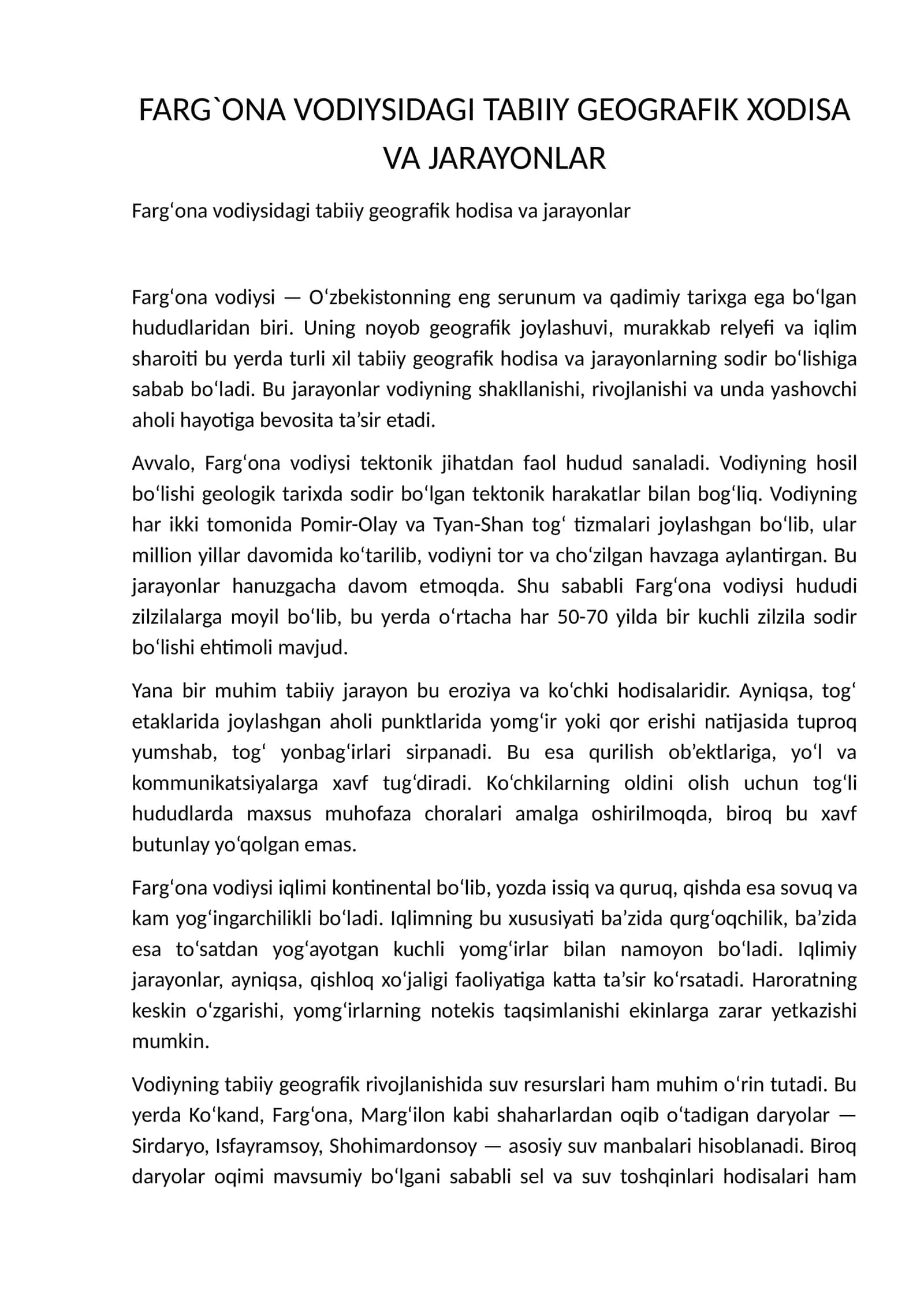Fargʻona vodiysidagi tabiiy geografik hodisa va jarayonlar 1