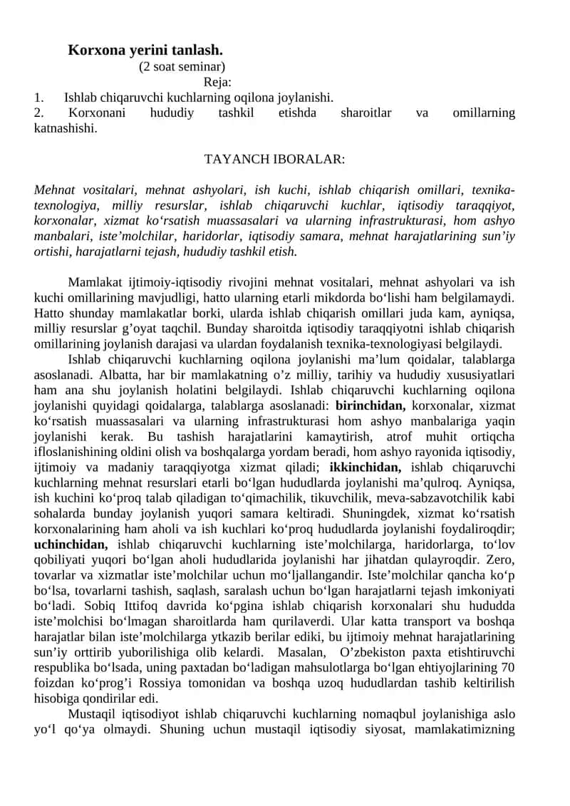 Korxona yerini tanlash 1