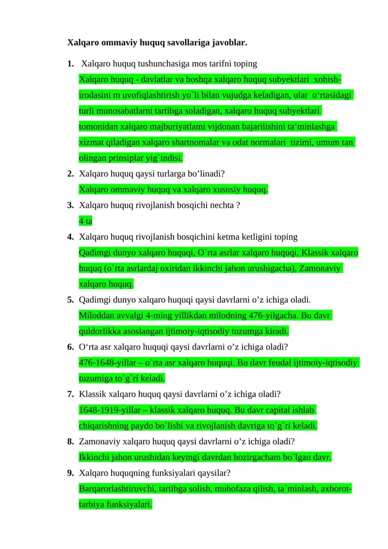 Xalqaro ommaviy huquq savollariga javoblar 1