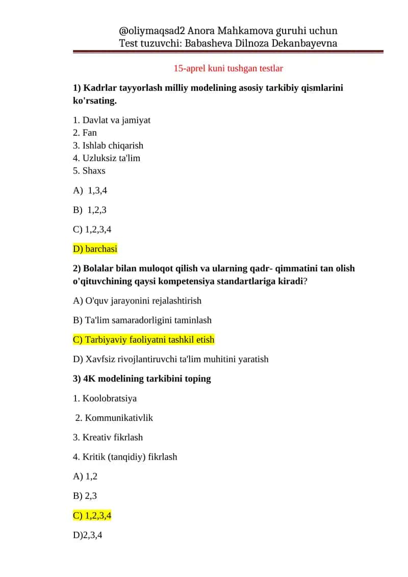 Test tuzuvchi: Babasheva Dilnoza Dekanbayevna 1