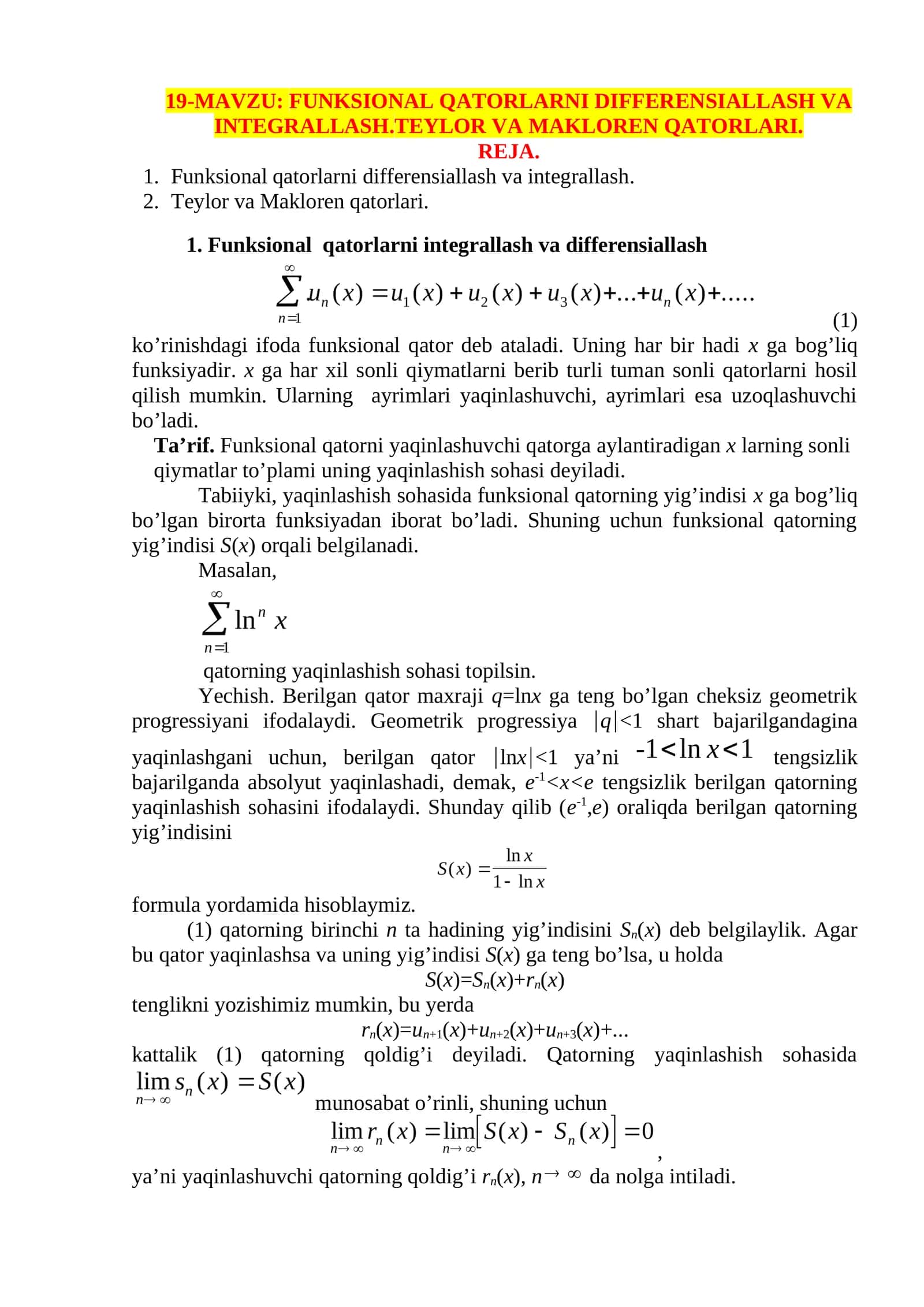 FUNKSIONAL QATORLARNI DIFFERENSIALLASH VA INTEGRALLASH.TEYLOR VA MAKLOREN QATORLARI 1