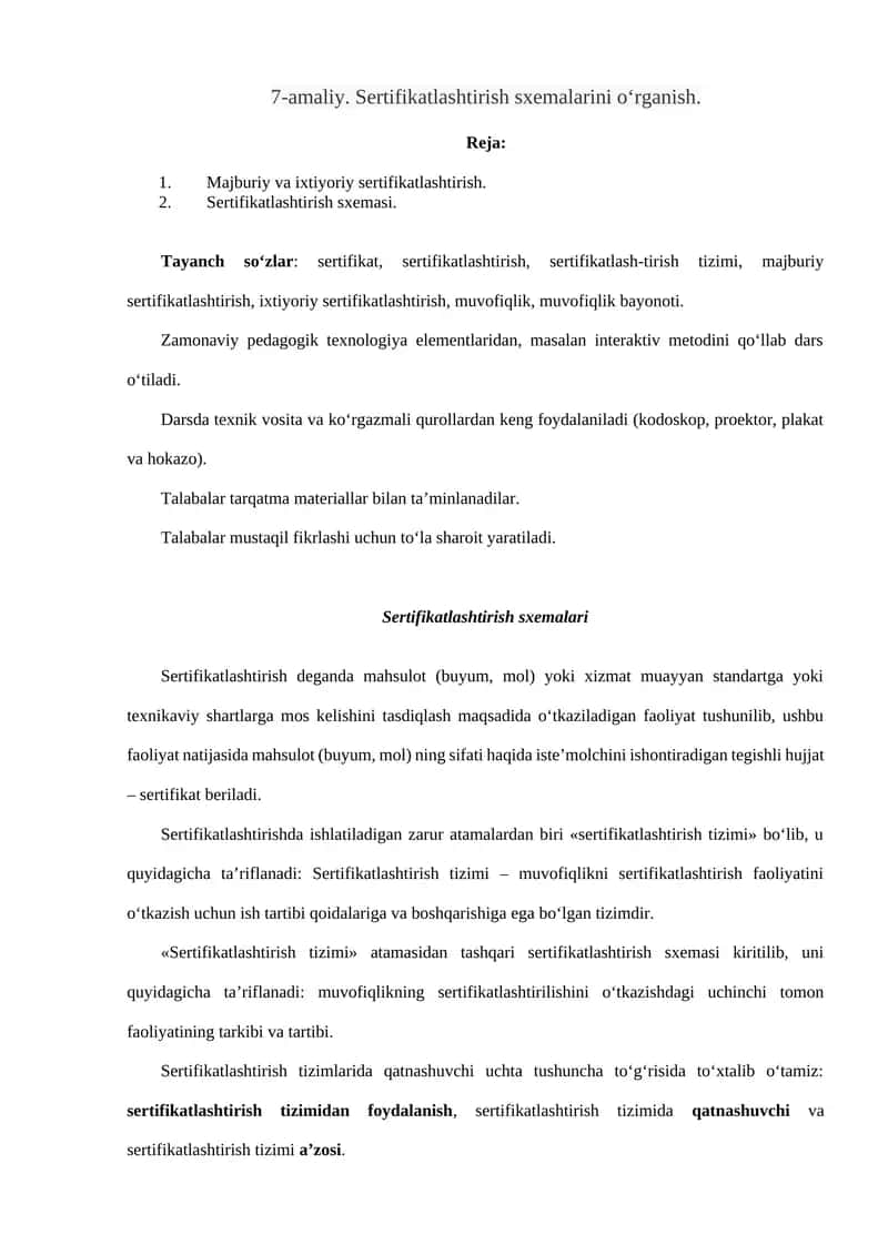 Sertifikatlashtirish sxemalari 1