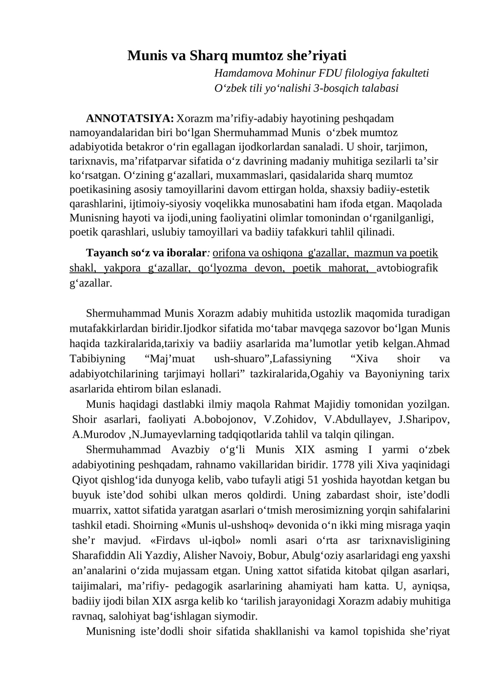 Munis va Sharq mumtoz she’riyati 1