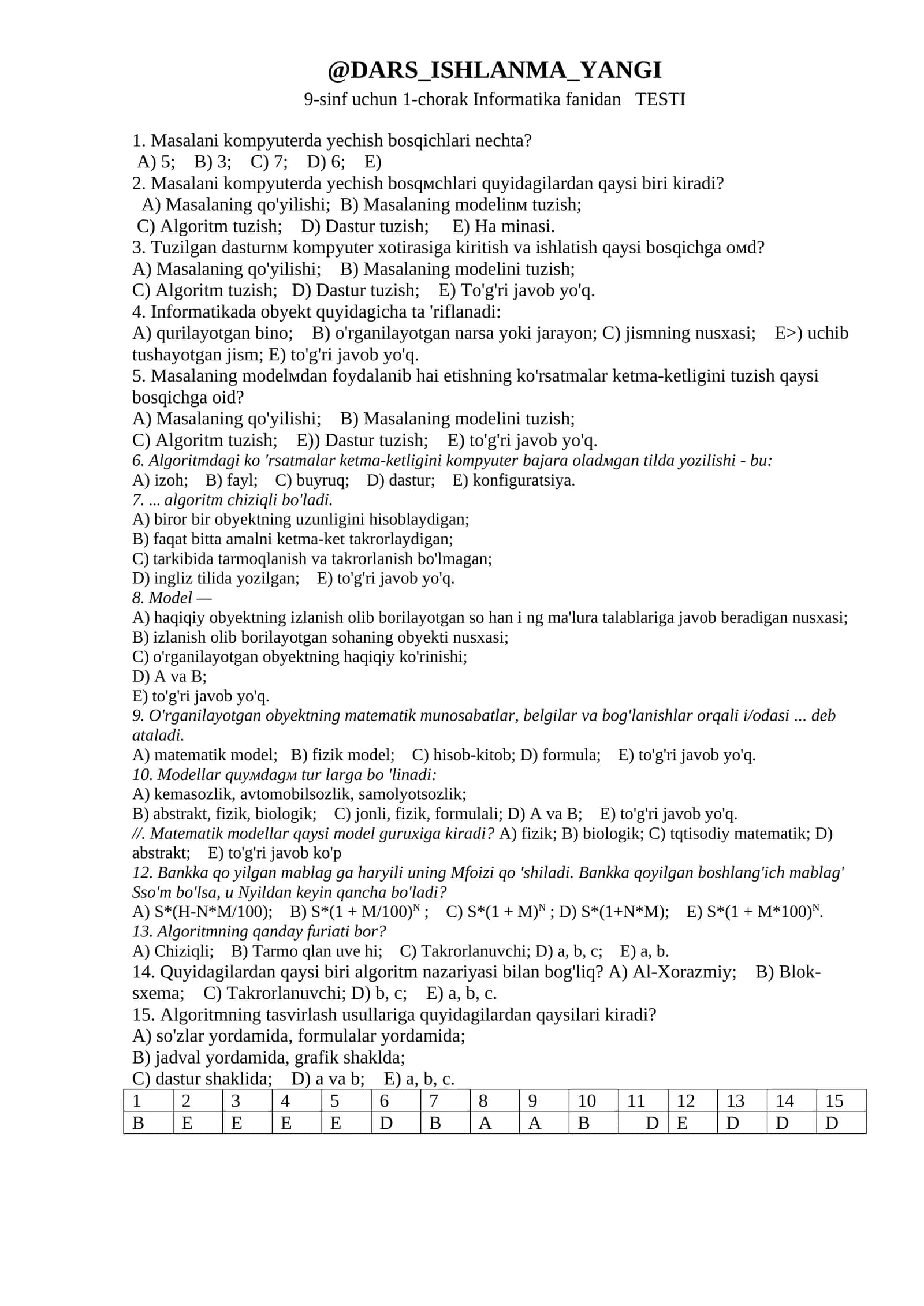 9-sinf uchun 1-chorak Informatika fanidan TESTI 1