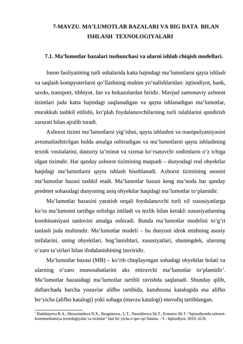 Ma’lumotlar bazalari va Big Data bilan ishlash texnologiyalari 1
