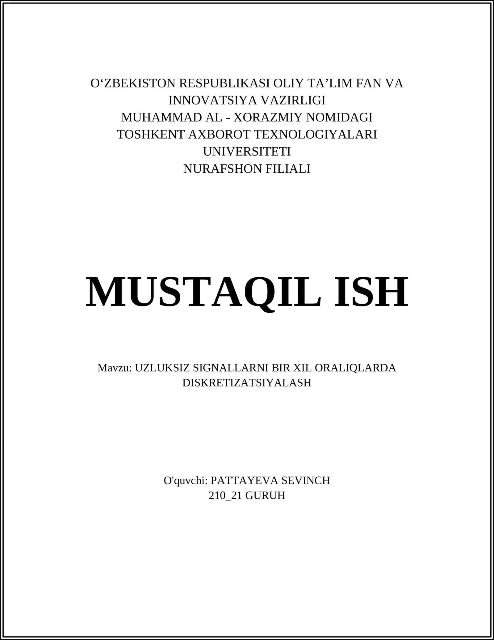 UZLUKSIZ SIGNALLARNI BIR XIL ORALIQLARDA DISKRETIZATSIYALASH 1