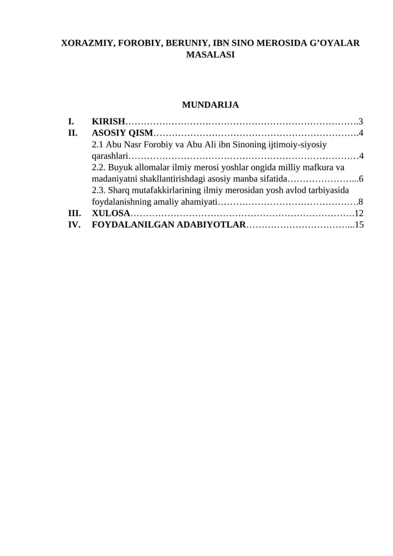 Xorazmiy, forobiy, beruniy, ibn sino merosida g’oyalar masalasi 1