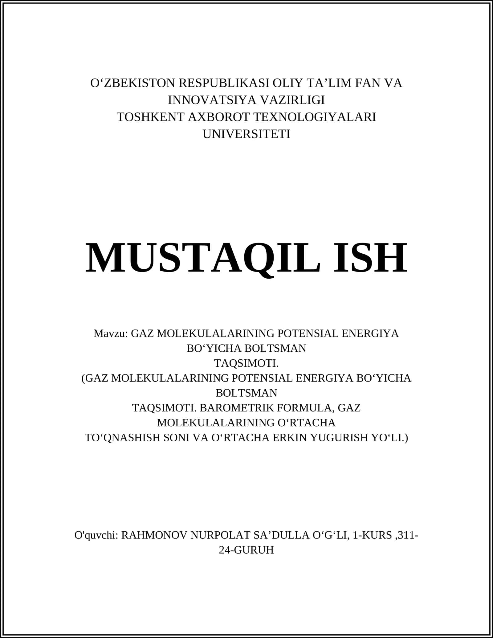 GAZ MOLEKULALARINING POTENSIAL ENERGIYA BO‘YICHA BOLTSMAN TAQSIMOTI 1