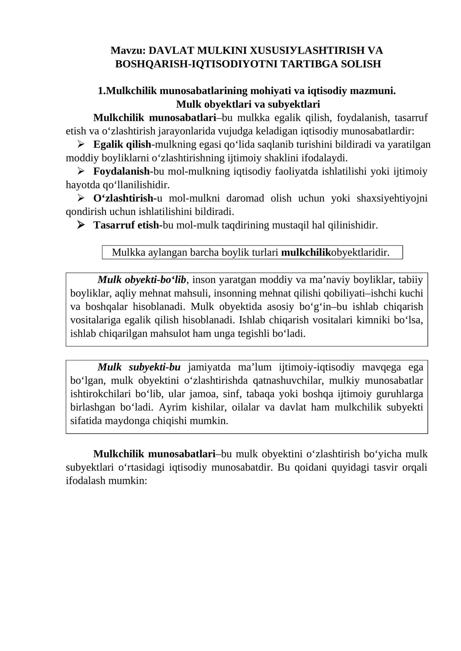 DАVLАT MULKINI XUSUSIУLАSHTIRISH VА BОSHQАRISH-IQTISODIYOTNI TARTIBGA SOLISH 1