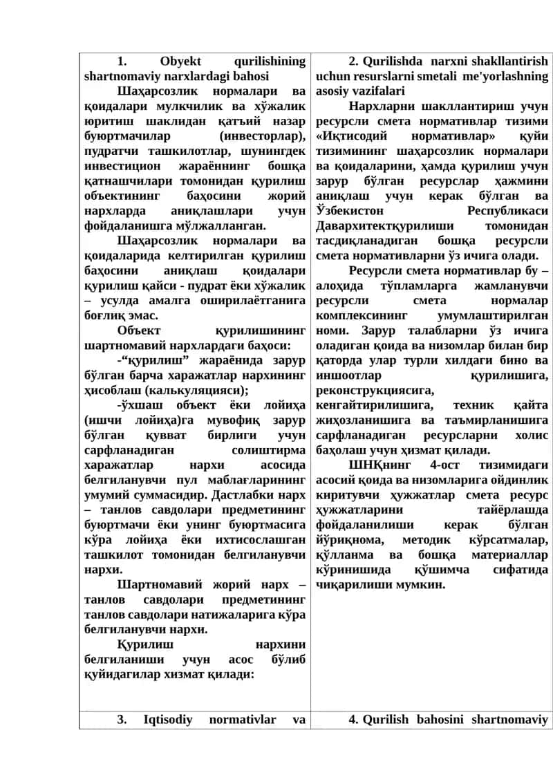Obyekt qurilishining shartnomaviy narxlardagi bahosi 1