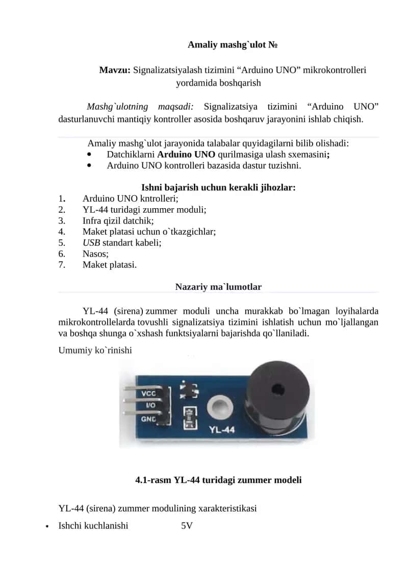 Signalizatsiyalash tizimini “Arduino UNO” mikrokontrolleri yordamida boshqarish 1