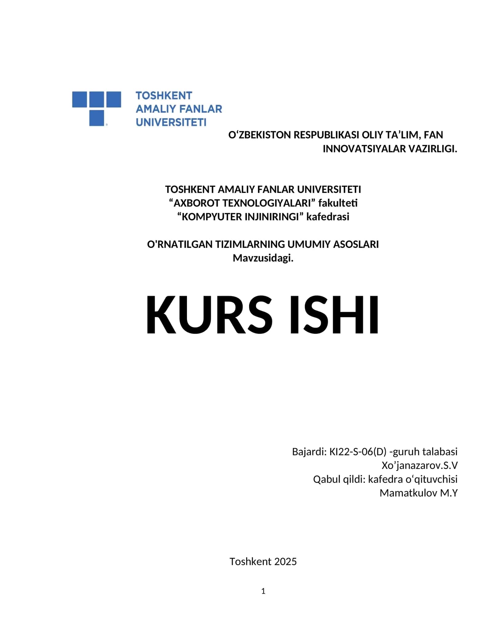 O'RNATILGAN TIZIMLARNING UMUMIY ASOSLARI 1
