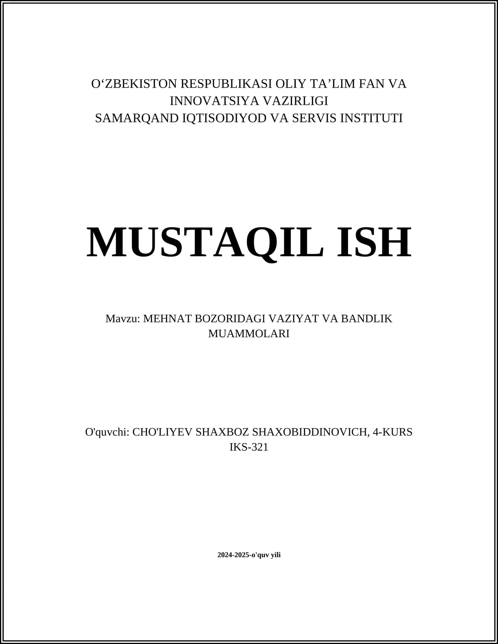 MEHNAT BOZORIDAGI VAZIYAT VA BANDLIK MUAMMOLARI 1