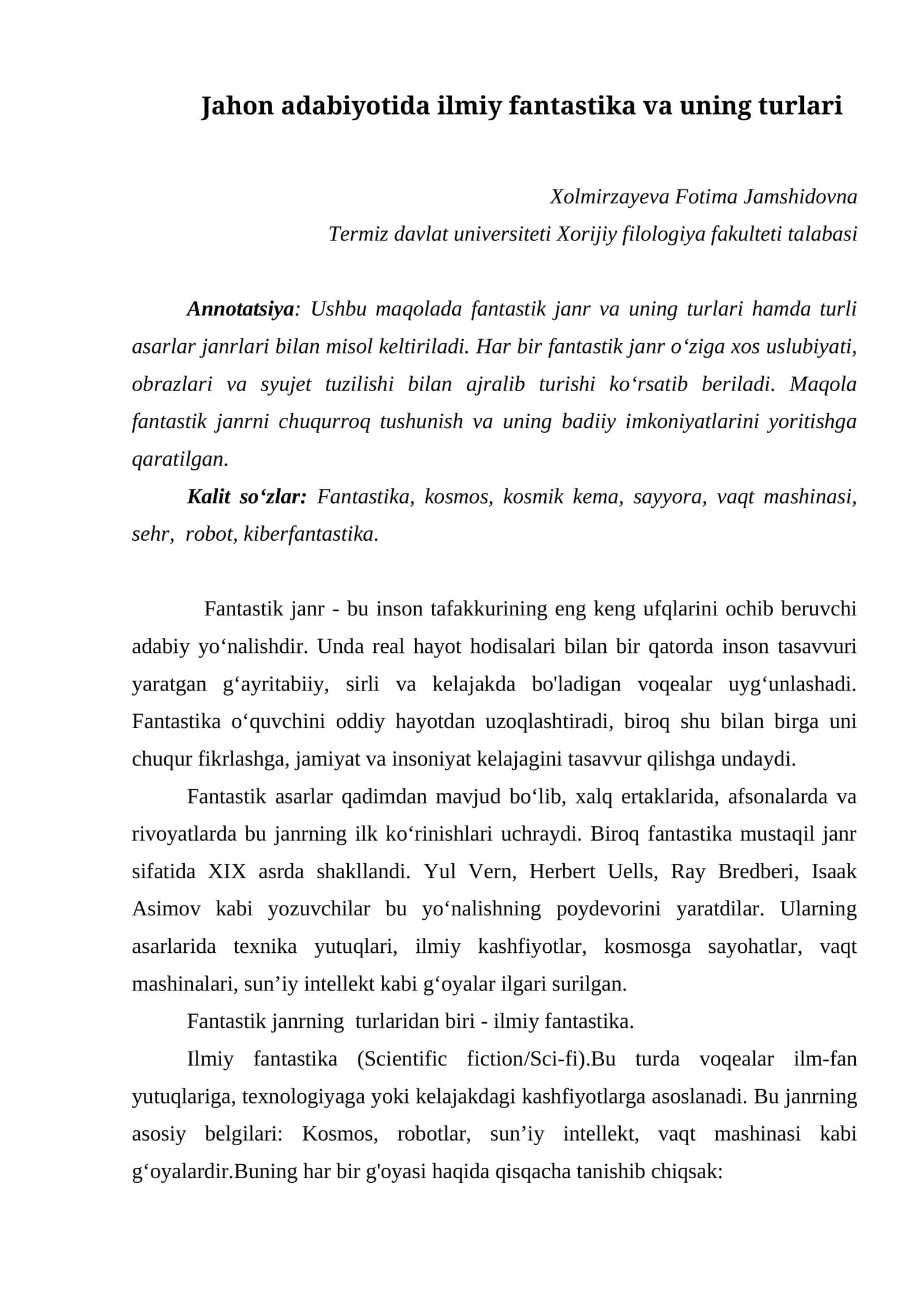 Jahon adabiyotida ilmiy fantastika va uning turlari 1