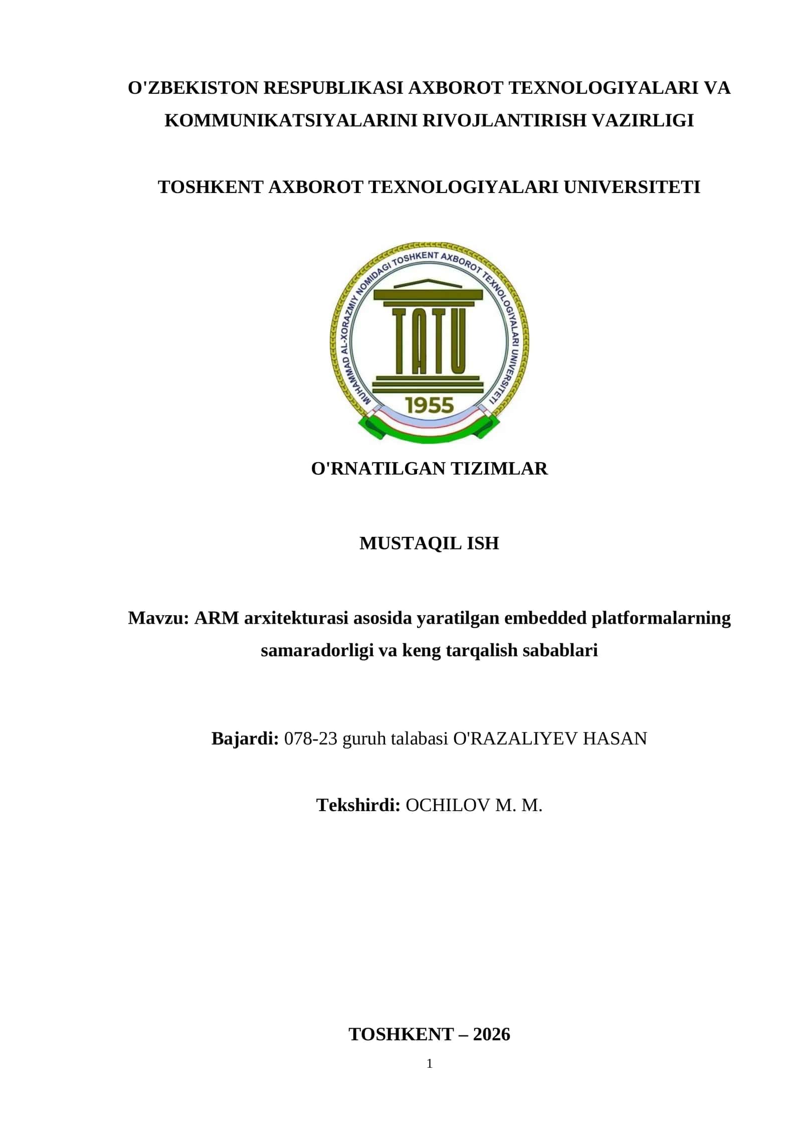 ARM arxitekturasi asosida yaratilgan embedded platformalarning samaradorligi va keng tarqalish sabablari 1