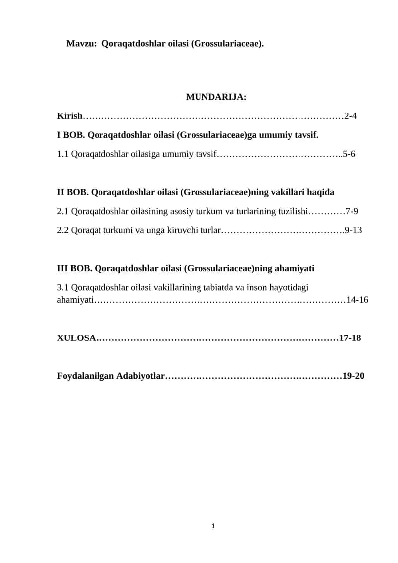 Qoraqatdoshlar oilasi (Grossulariaceae) 1