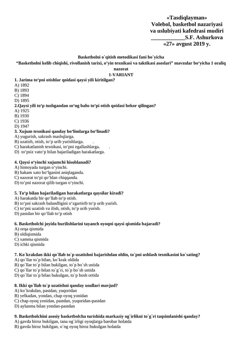 Basketbolni kelib chiqishi, rivollanish tarixi, o’yin texnikasi va taktikasi asoslari 1