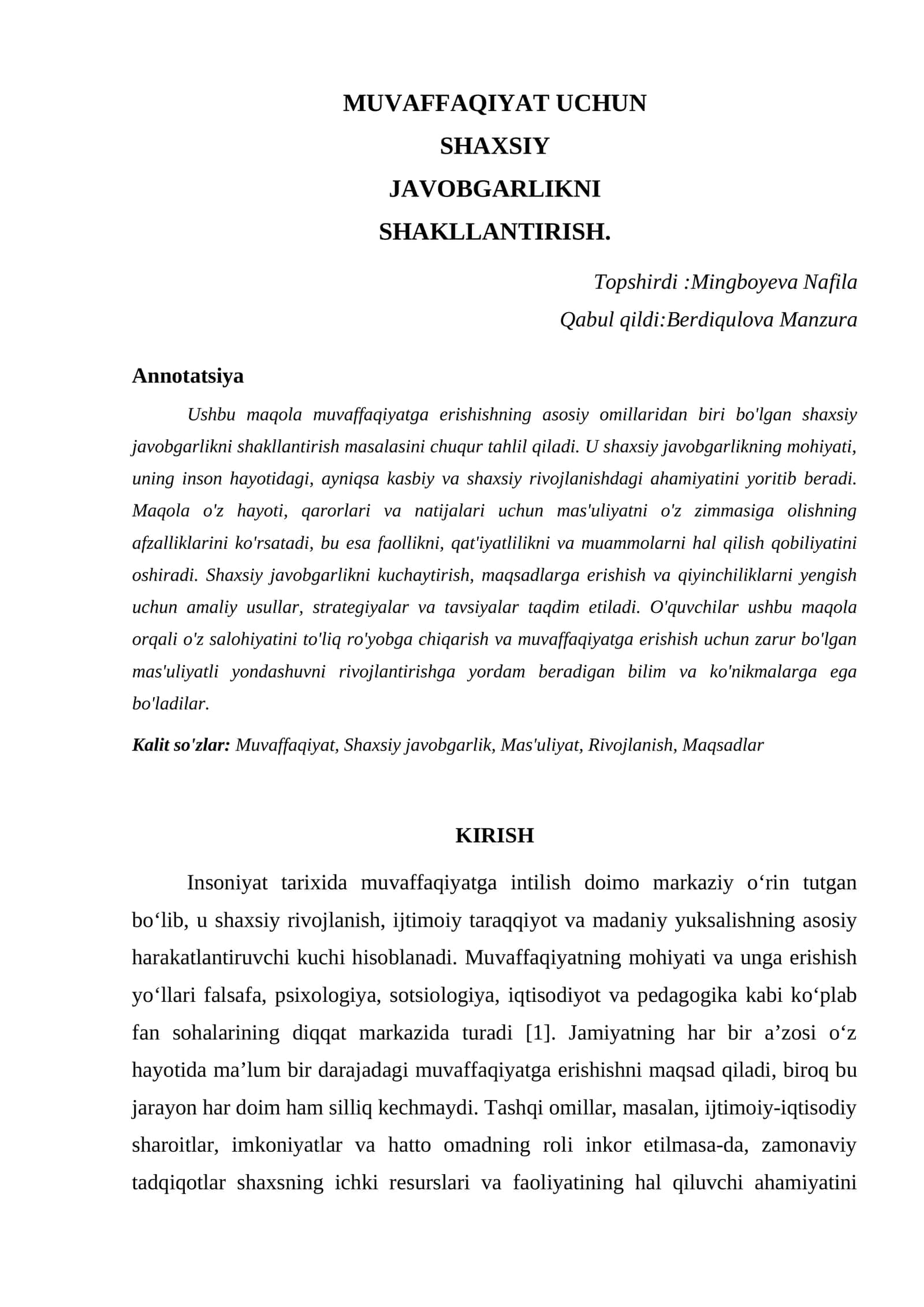 SHAXSIY JAVOBGARLIKNI SHAKLLANTIRISH 1