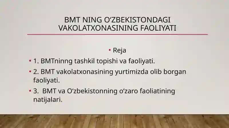 BMT ning O‘zbekistondagi vakolatxonasining faoliyati